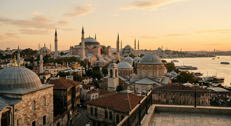 Ansicht, die das historische Stadtgefüge der Türkei und ihre vielschichtige Silhouette zeigt