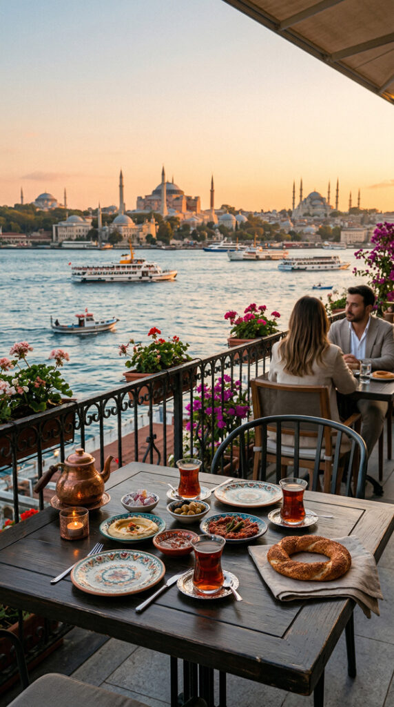 Blick in der Türkei, bei dem die große Landschaft nah an einen kleinen, persönlichen Moment am Tisch heranrückt
