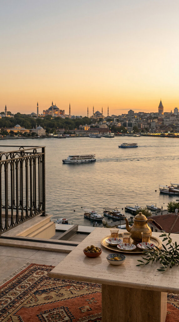 Boğaz kıyısında gün batımı ve sakin masa düzeni