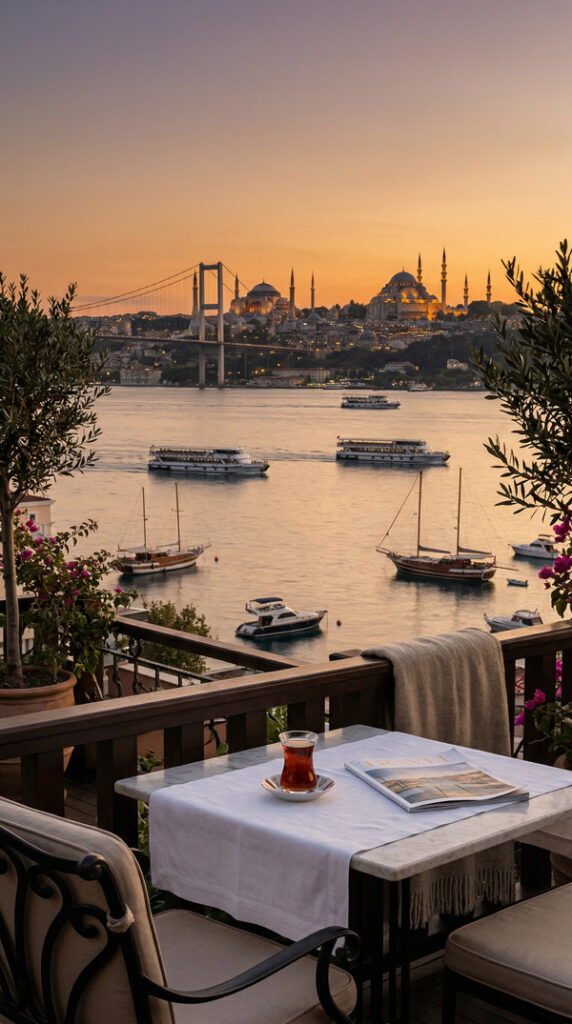 Sonnenuntergang am Bosporus und eine ruhige Tischszene