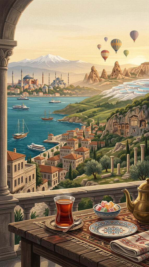 Hochkant gestaltete Illustration, die zeigt, wie Stadt und Wasser in der Türkei zueinander stehen