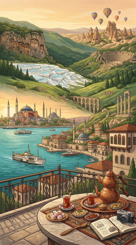 Hochkant gestaltete Illustration, in der Tal, Route und Landschaft der Türkei erlebbar werden