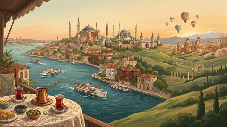 Illustration im Querformat, in der Küsten-, Stadt- und Tischkultur der Türkei zusammenkommen