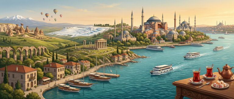 Panoramische Illustration, die die Ebenen von Stadt, Küste, Geschichte und Alltagsleben in der Türkei zusammenführt