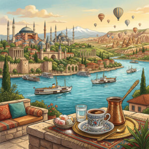 Illustration im Quadratformat, in der Küste, Geschichte und Tischkultur der Türkei zusammenkommen