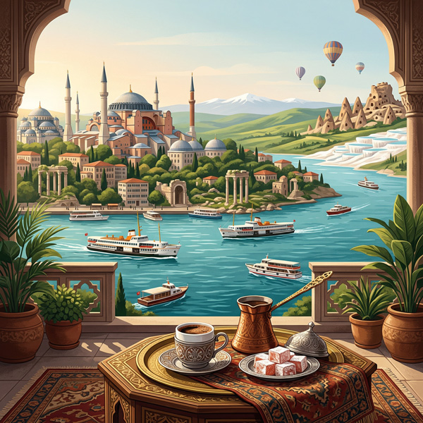 Illustration im Quadratformat, die die Ebenen Stadt, Küste, Geschichte und Tisch in der Türkei zu einem Bild verbindet