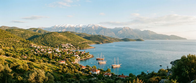 Panorama mit der Küstenlinie der Türkei, in dem Berge und Meer im Gleichgewicht stehen